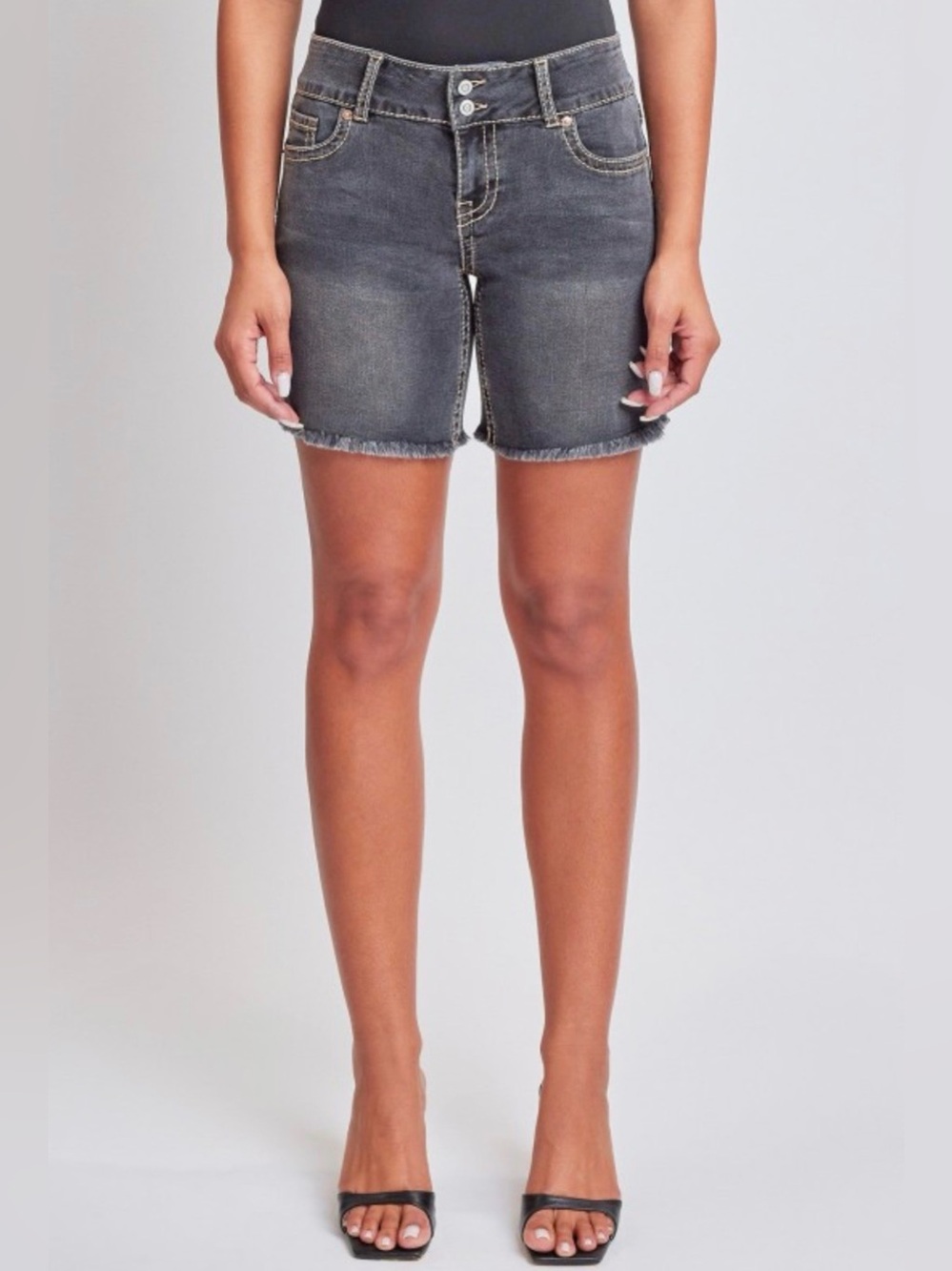 YMI Heavy Stitch 2 button Washed Black Denim Frayed Hem Shorts